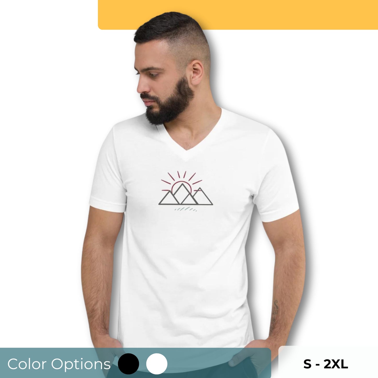 Man wearing a white V-neck tee with a mountain peaks graphic, available in sizes S to 2XL and multiple colors.