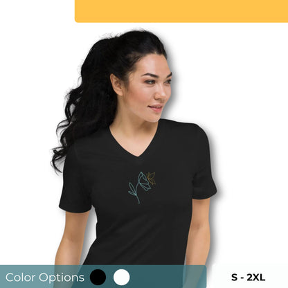 Black V-neck tee with a minimalistic floral line art design, embodying subtle beauty and authenticity.