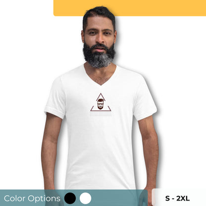 Man wearing a white V-neck tee with an abstract face graphic, available in sizes S to 2XL and multiple colors.