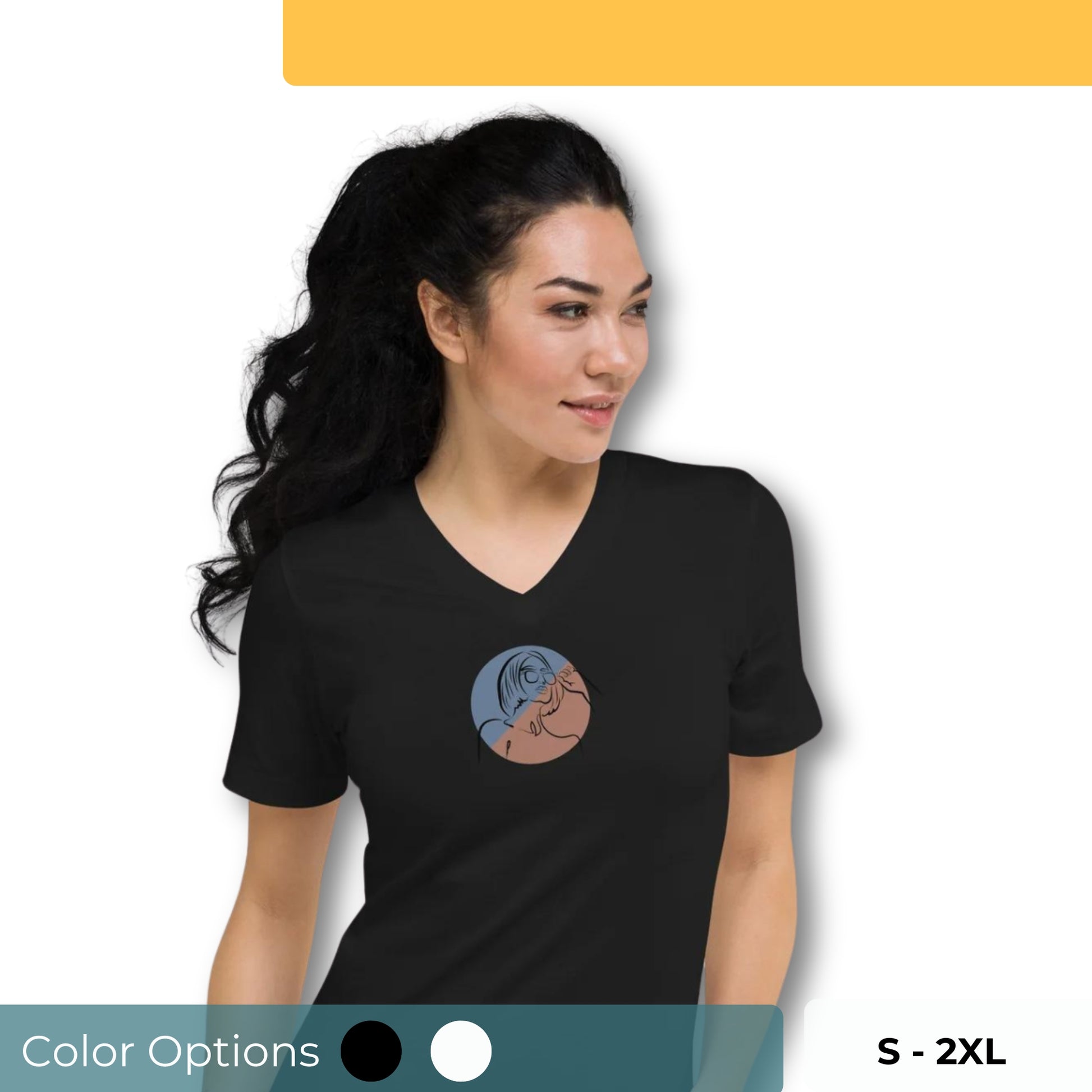 Woman wearing a black V-neck tee with a minimalist silhouette design, embodying subtle style and authenticity. Also showing that the shirt comes in black or white and have the sizes of s-2xl