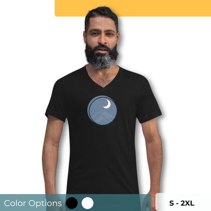 Man wearing a black V-neck tee with a night sky graphic, available in sizes S to 2XL and multiple colors.