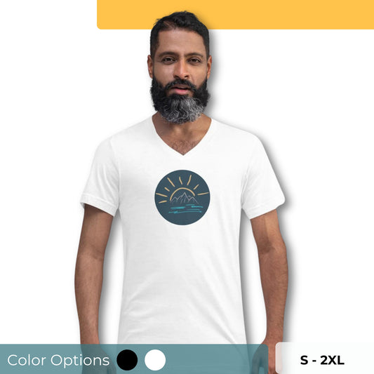 Man wearing a black V-neck tee with a night sky graphic, available in sizes S to 2XL and multiple colors.