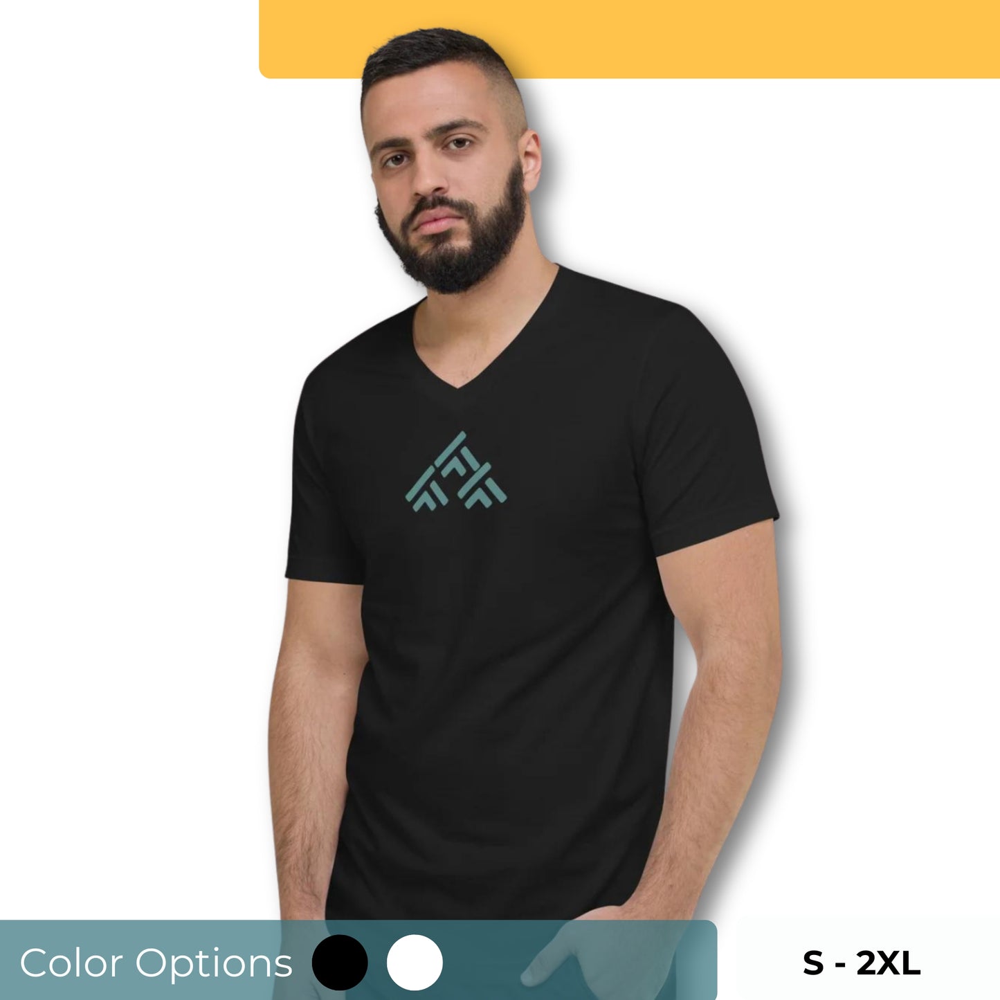 Man wearing a black V-neck tee with an abstract triangle design, available in sizes S to 2XL and multiple colors.