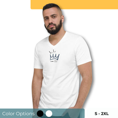 Man wearing a white V-neck tee with a crown graphic, available in sizes S to 2XL and multiple colors.