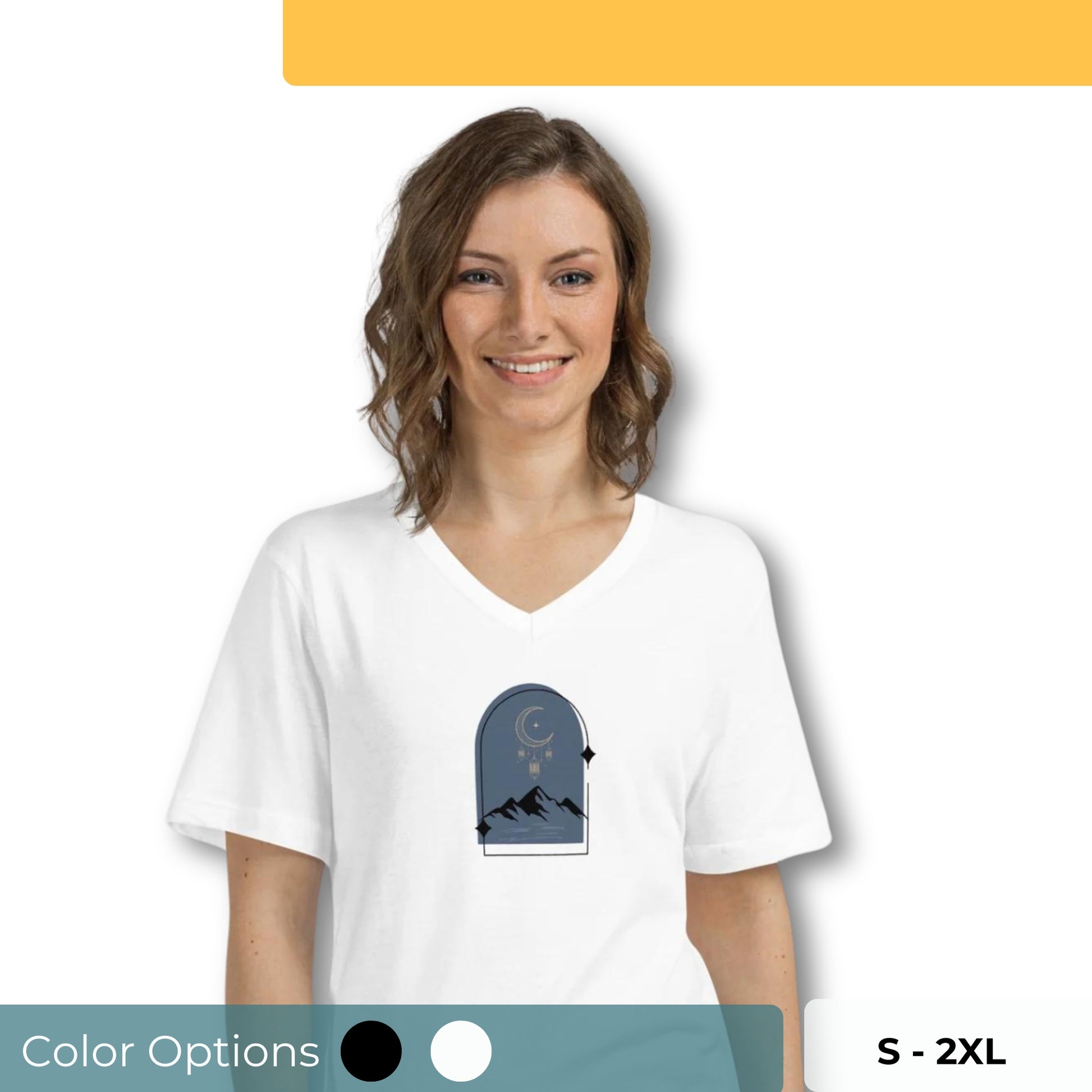 Woman wearing a white V-neck tee with a nightscape design, embodying serenity and subtle expression. Also showing that it comes in black or white and has the sizes s-2xl.