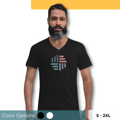 Man wearing a black V-neck tee with a modern geometric design, available in sizes S to 2XL and multiple colors.