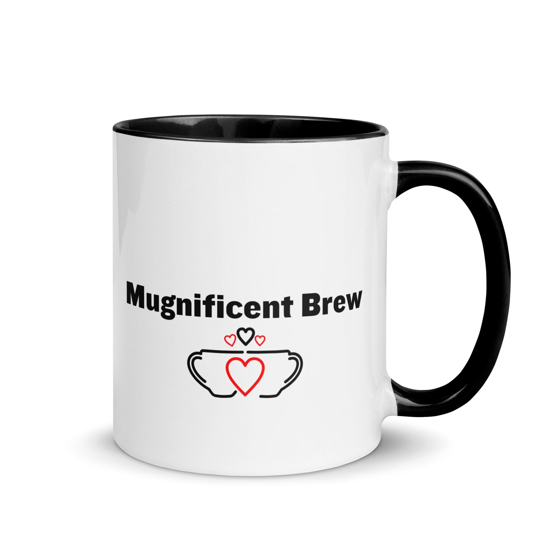 White ceramic mug with black inside and handle with the words, "Magnificent Brew"