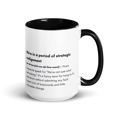 ceramic white mug with black inside and handle with the words "we're in a period of strategic realignment" with a humorous definition. 