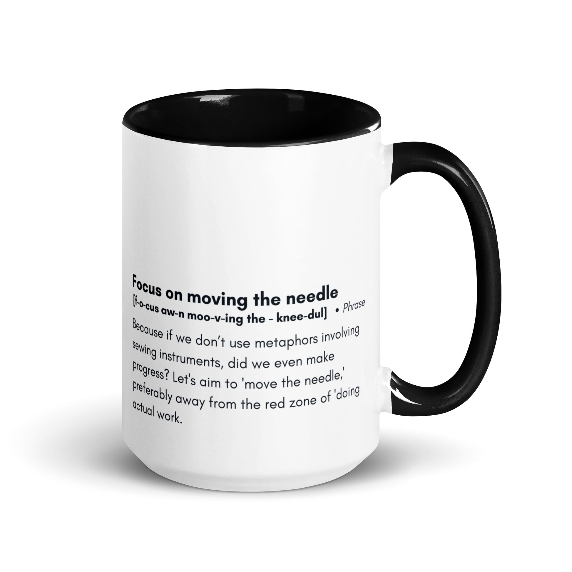 Ceramic white cup with back inside and handle with the words, "focus on moving the needle" followed by a humorous definition 