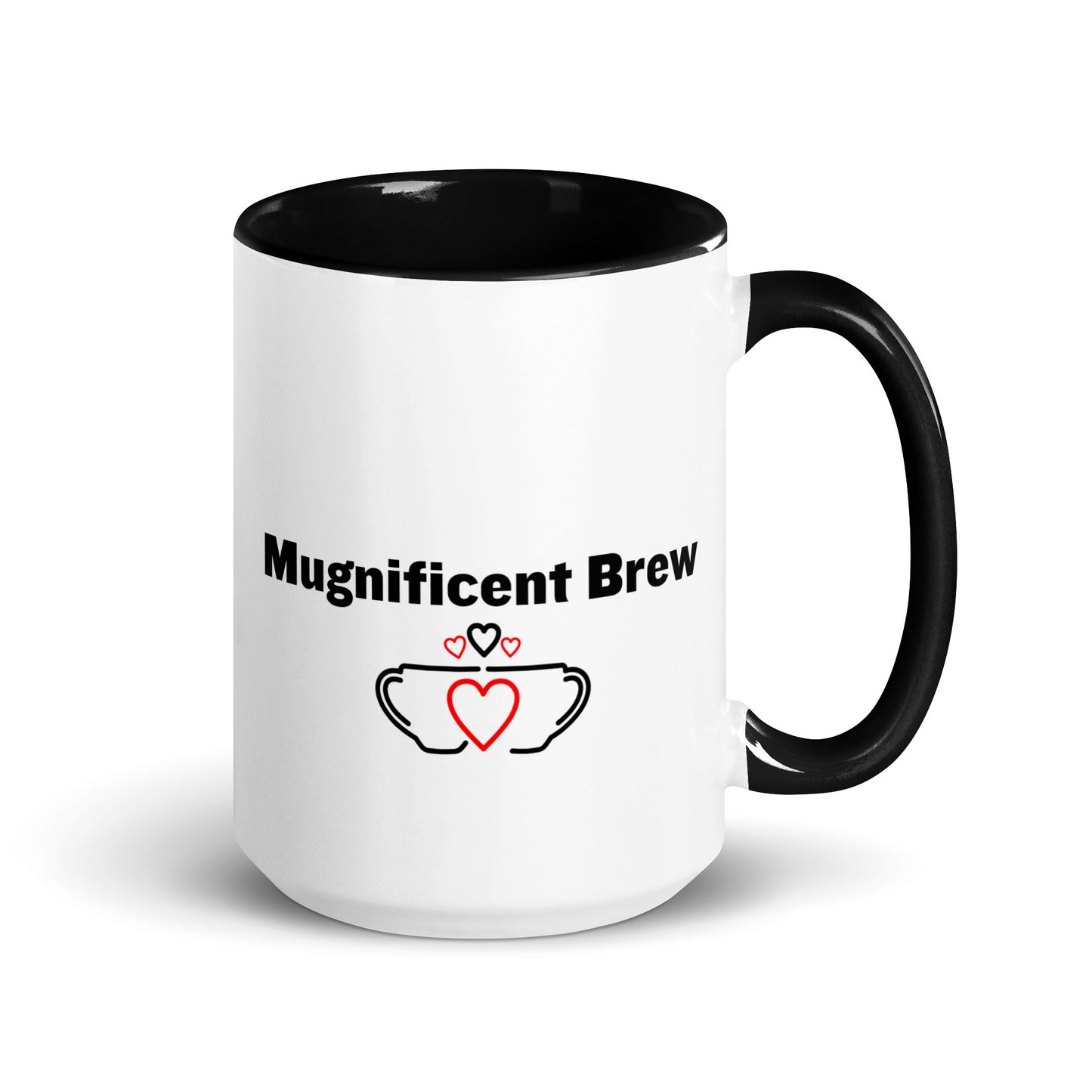 White ceramic mug with black inside and handle with the words, "Magnificent Brew"