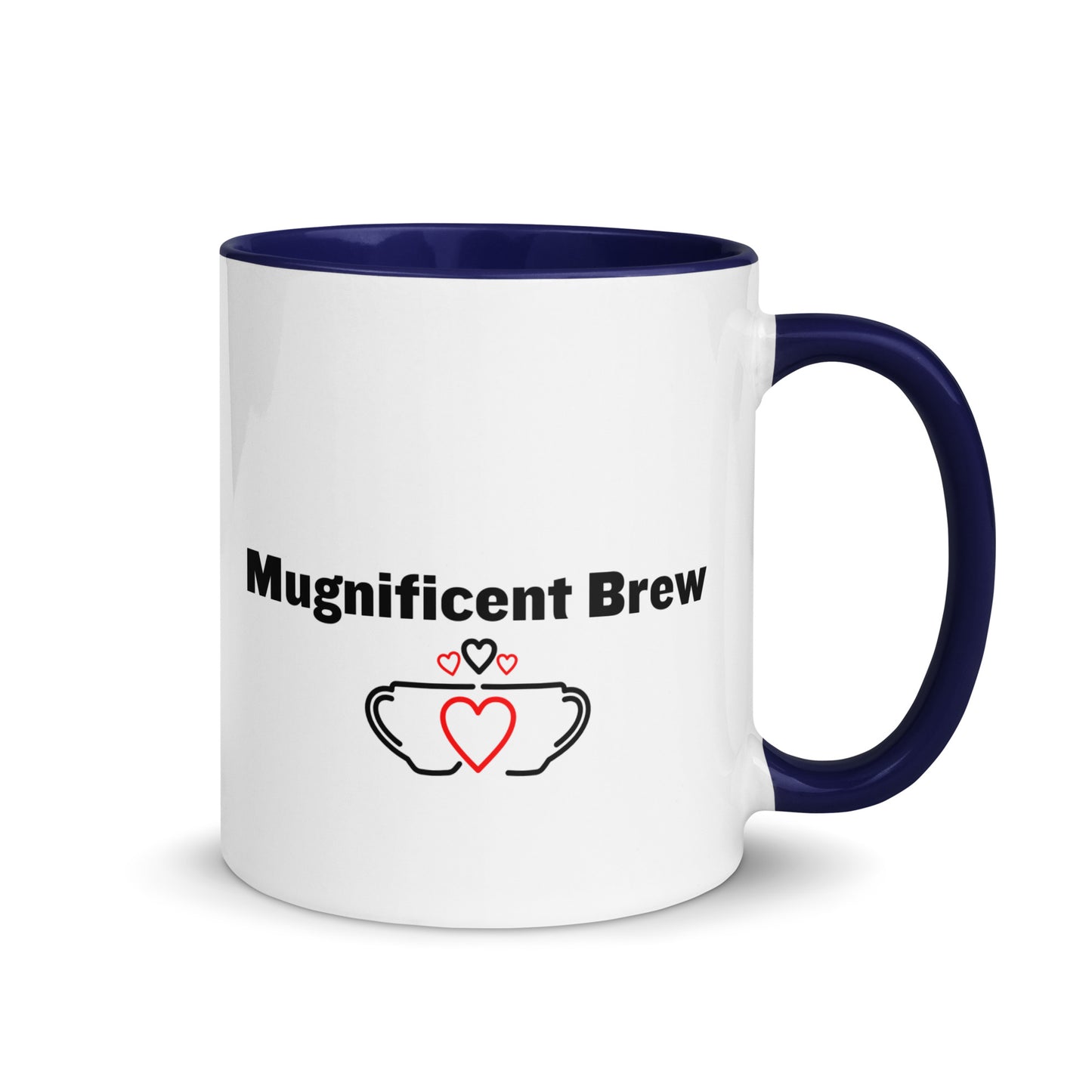 White ceramic mug with blue inside and handle with the words, "Magnificent Brew"