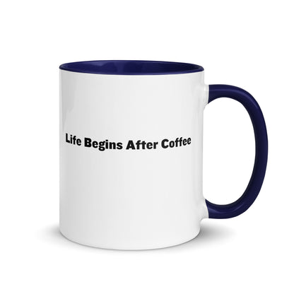 White ceramic mugs with blue inside and handle with the words, "Life begins after coffee"White ceramic mugs with blue inside and handle with the words, "Life begins after coffee"