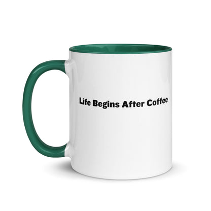 White ceramic mugs with green inside and handle with the words, "Life begins after coffee"