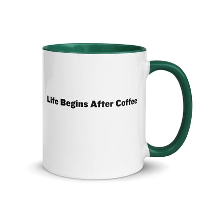 White ceramic mugs with green inside and handle with the words, "Life begins after coffee"