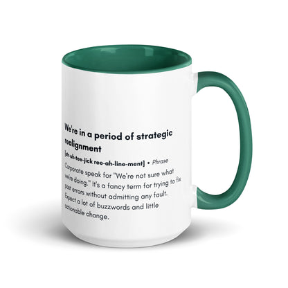 ceramic white mug with green inside and handle with the words "we're in a period of strategic realignment" with a humorous definition. 