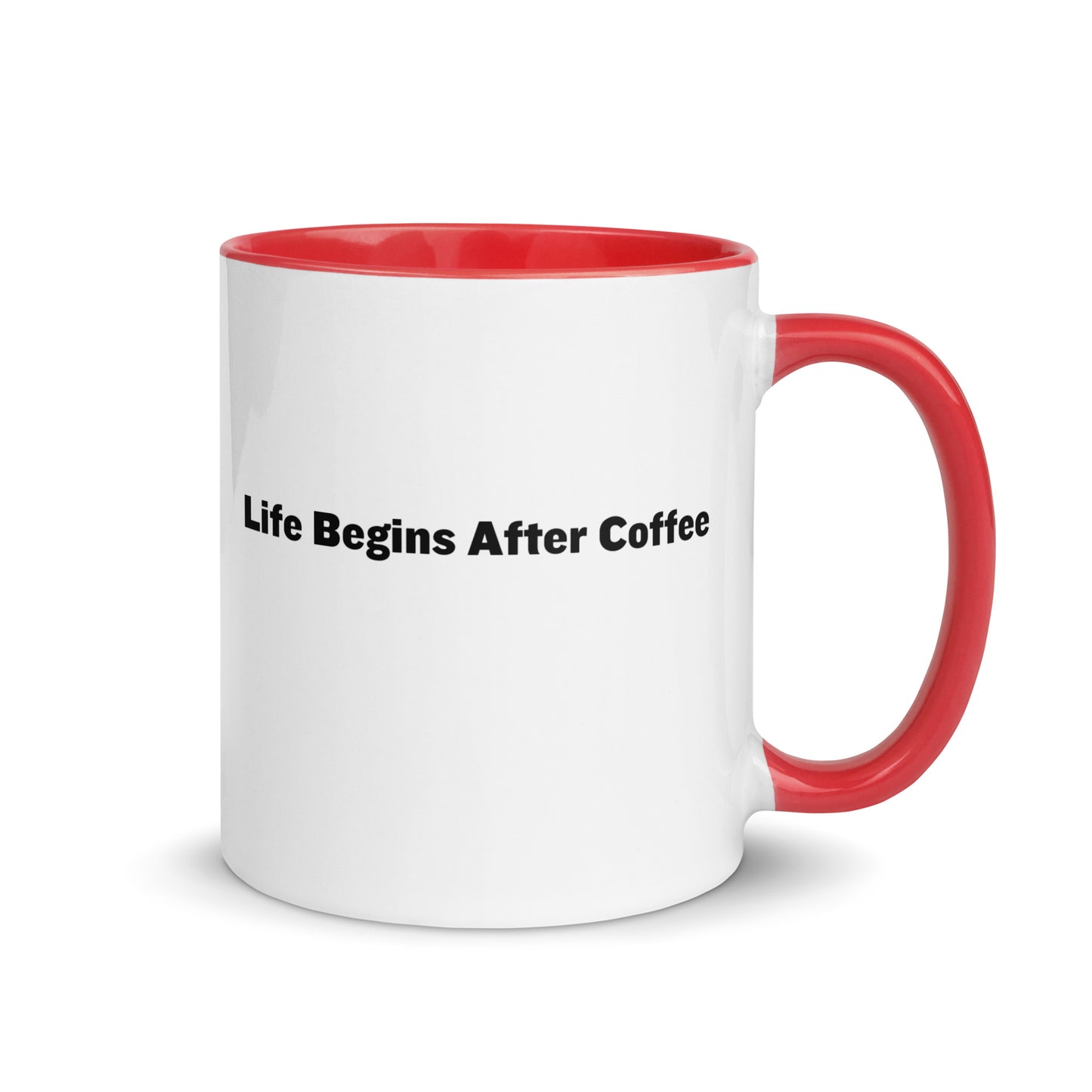 White ceramic mugs with red inside and handle with the words, "Life begins after coffee"