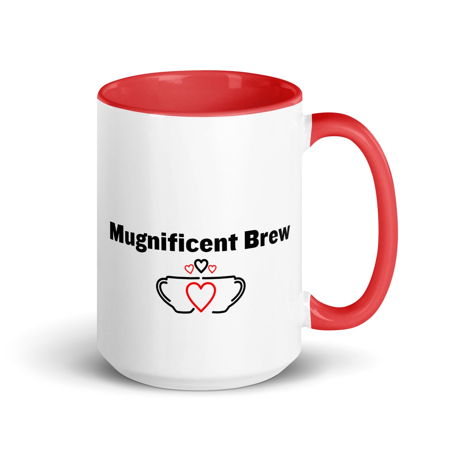 White ceramic mug with red inside and handle with the words, "Magnificent Brew"