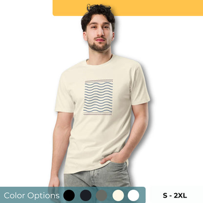 Men wearing a cream-colored premium tee with a wave pattern design, available in sizes S to 2XL and multiple colors.