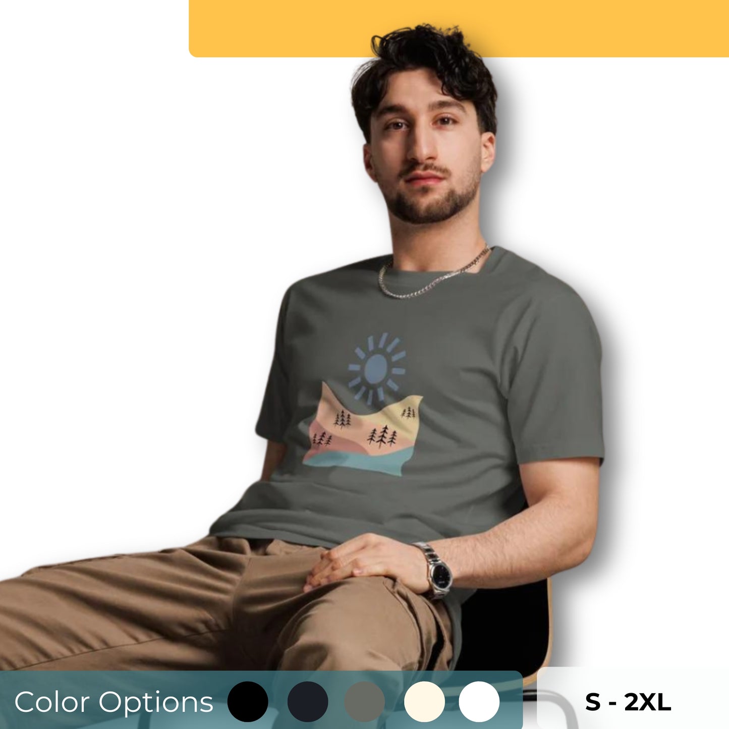 Men’s premium tee with abstract landscape design, available in various colors, sizes S-2XL.