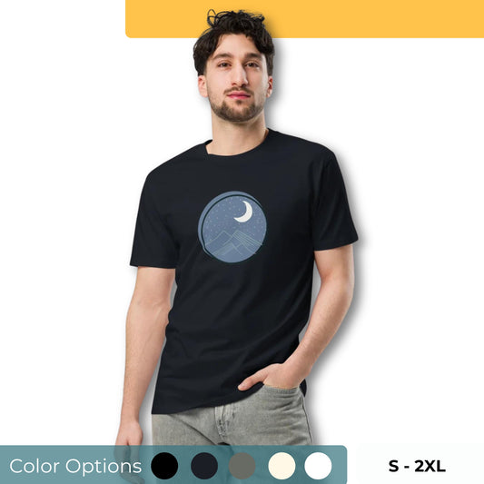 Men’s premium tee with moon and mountain design, available in various colors, sizes S-2XL.