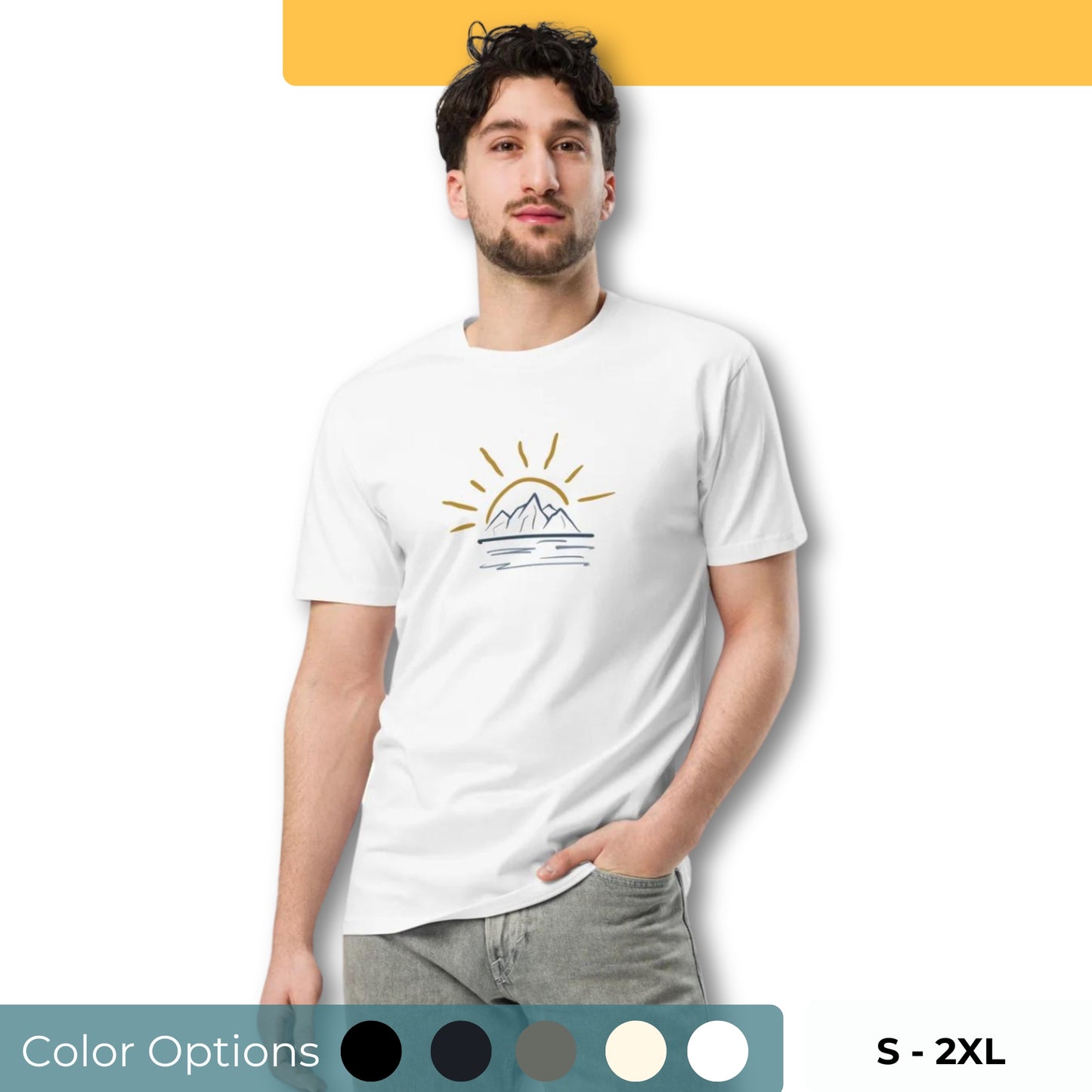 Men’s premium tee with sunrise graphic, available in various colors, sizes S-2XL.