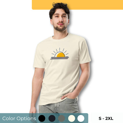 Men wearing a cream-colored premium tee with a minimalist sunrise graphic, available in sizes S to 2XL and multiple colors.