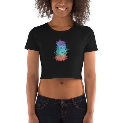 Smiling woman in a Women’s Artistic Expression Watercolor Black Crop Top, celebrating uniqueness and creativity.