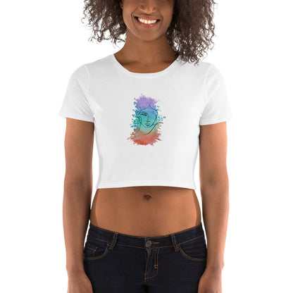 Smiling woman in a Women’s Artistic Expression Watercolor White Crop Top, celebrating uniqueness and creativity.