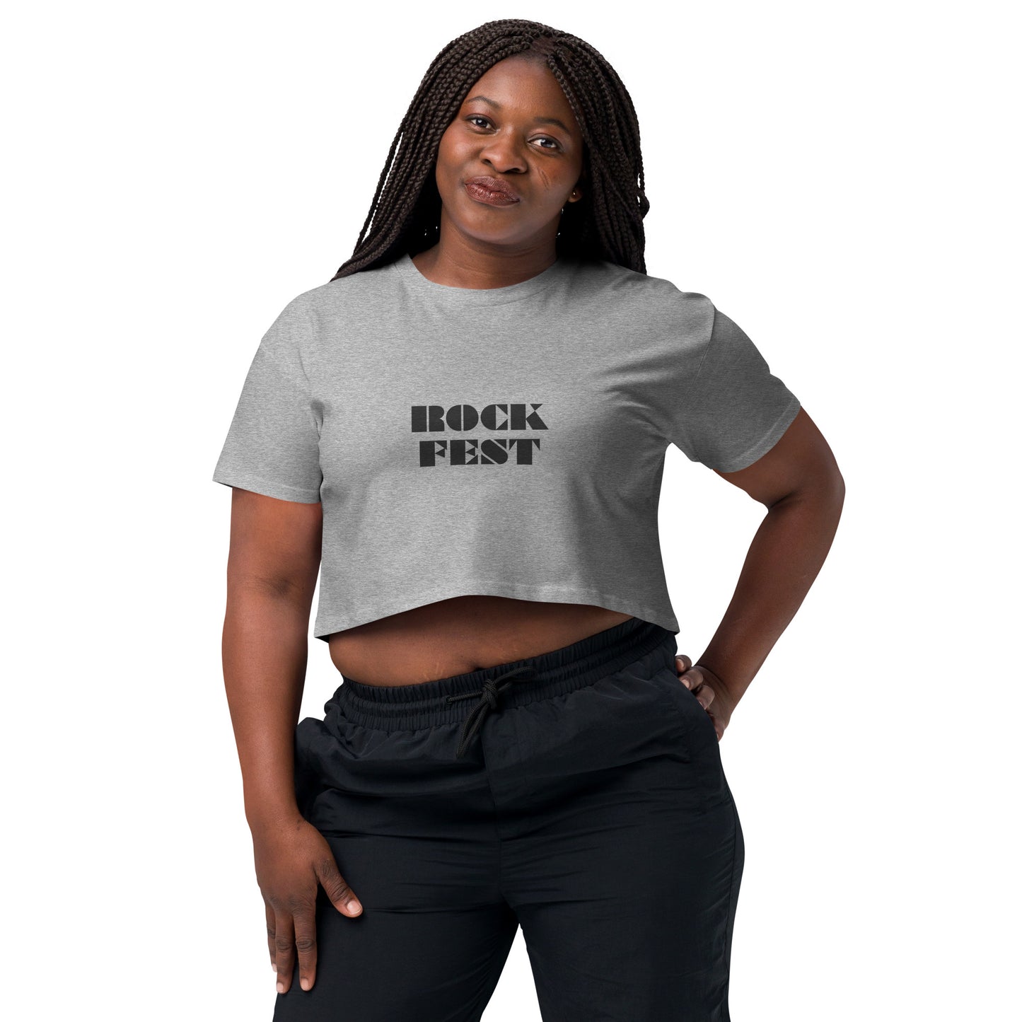 confident woman wearing a grey boldness-inspired 'ROCK FEST' crop top