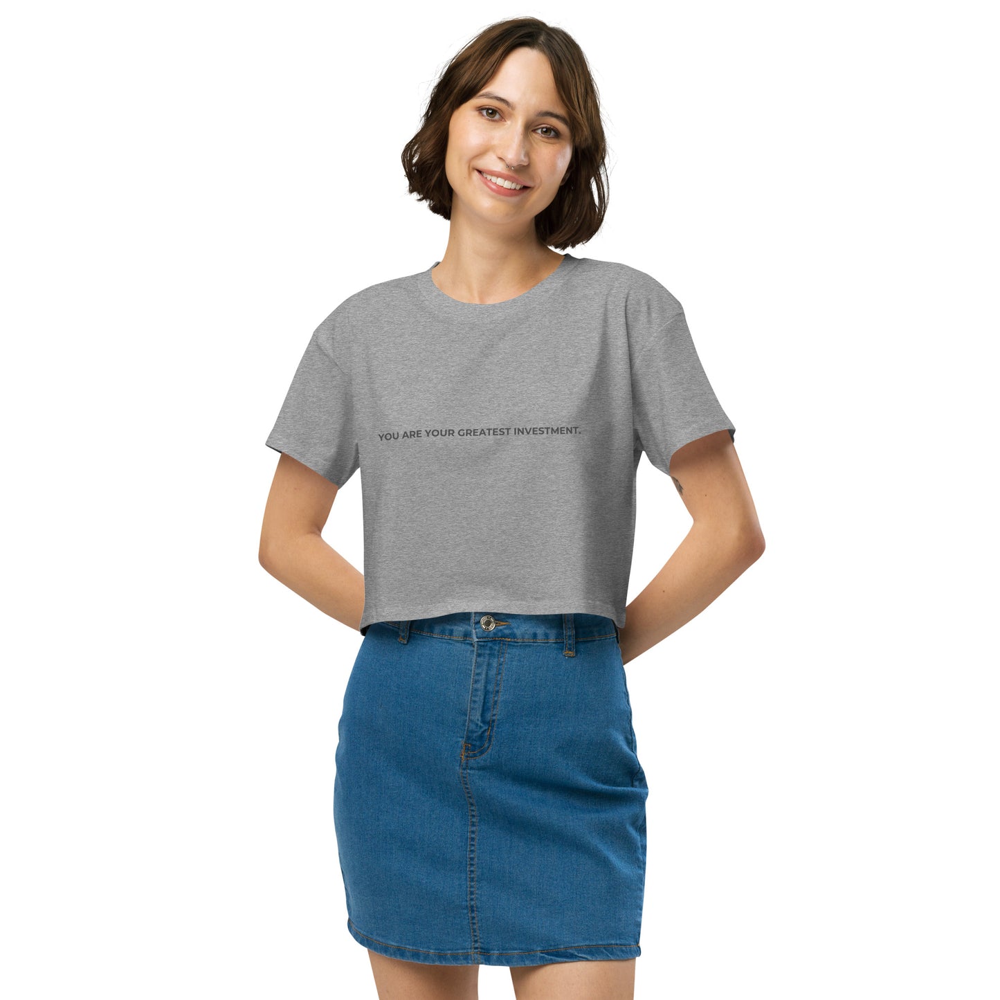 Women’s athletic grey Loose-Fit Crop Top with "You are your greatest investment" slogan in various colors and sizes, XS to XL.