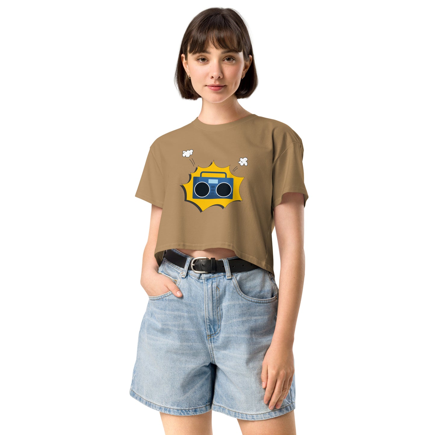 Woman in camel crop top featuring a quirky camera graphic with playful accents