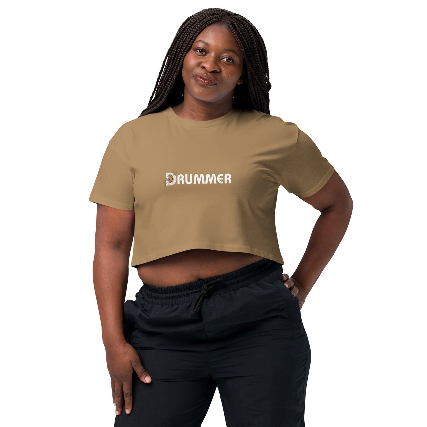 Confident woman in camel 'DRUMMER' bold statement loose-fit crop top