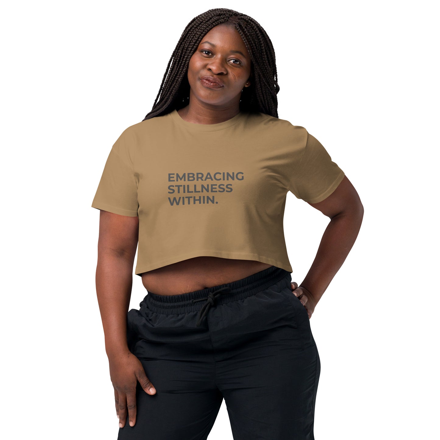 Women’s camel Loose-Fit Crop Top with "Embracing stillness within" slogan.