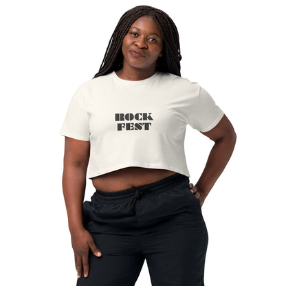 confident woman wearing a ecru boldness-inspired 'ROCK FEST' crop top