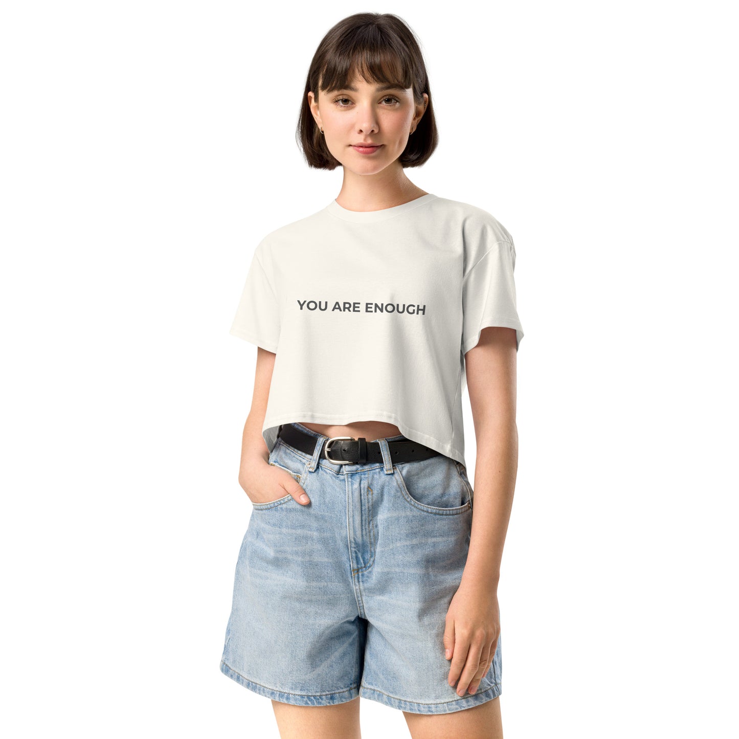 Women’s ecru Loose-Fit Crop Top with "You are enough" slogan.