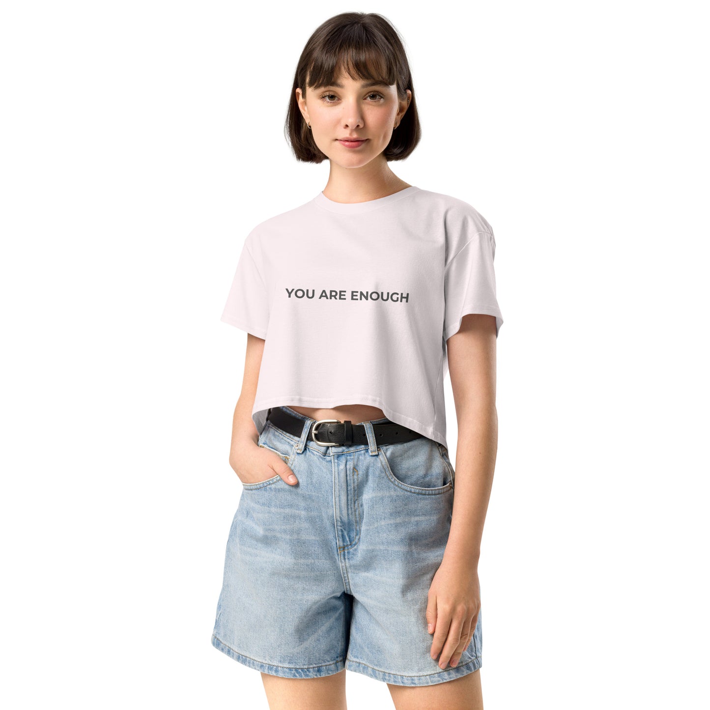 Women’s orchid Loose-Fit Crop Top with "You are enough" slogan.