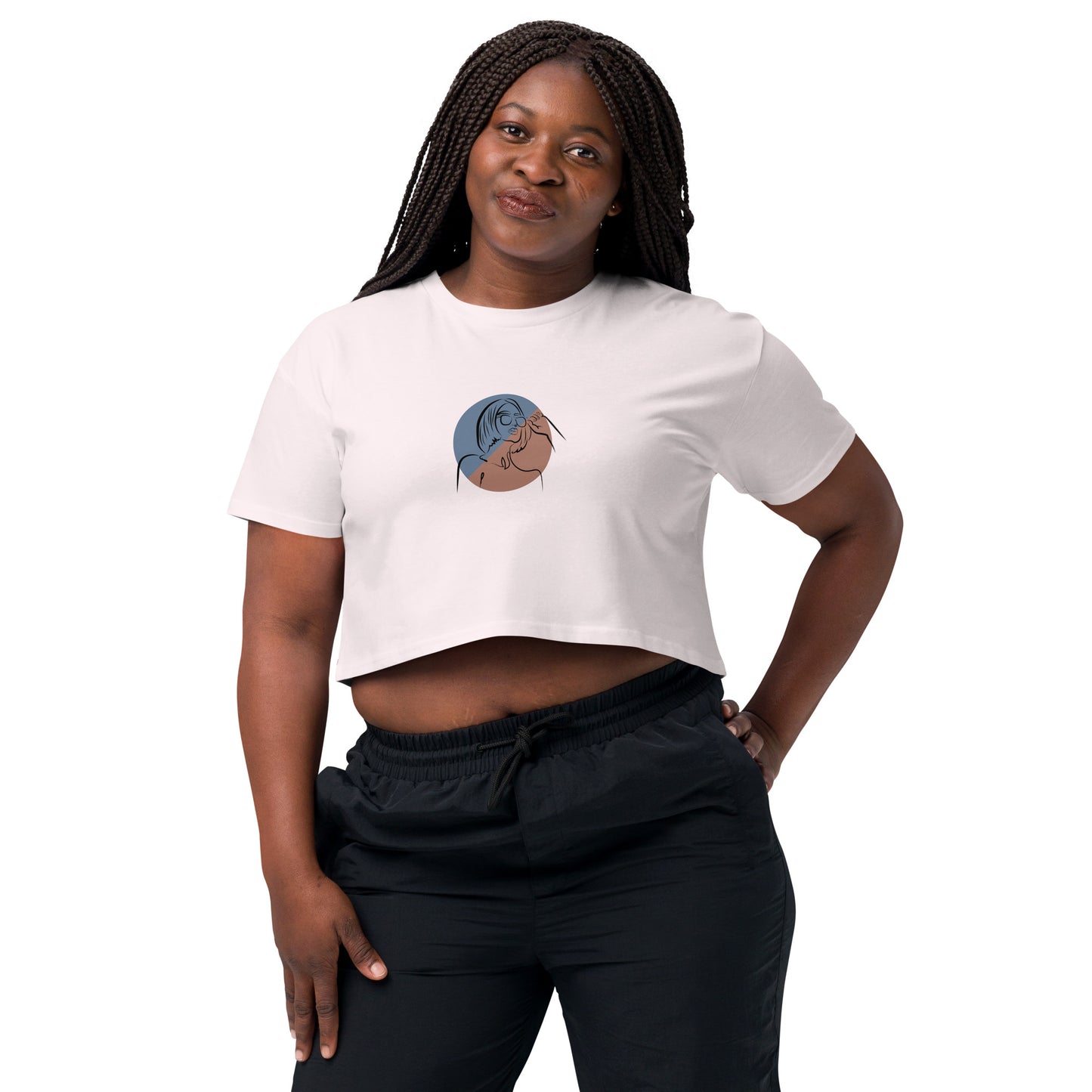 Woman wearing a orchid loose-fit crop top with a minimalist portrait graphic design, embodying comfortable and authentic fashion by BYOL.