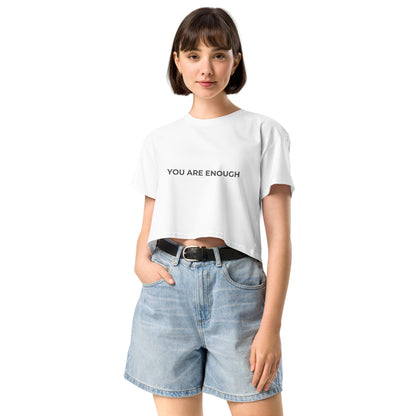 Women’s white Loose-Fit Crop Top with "You are enough" slogan.