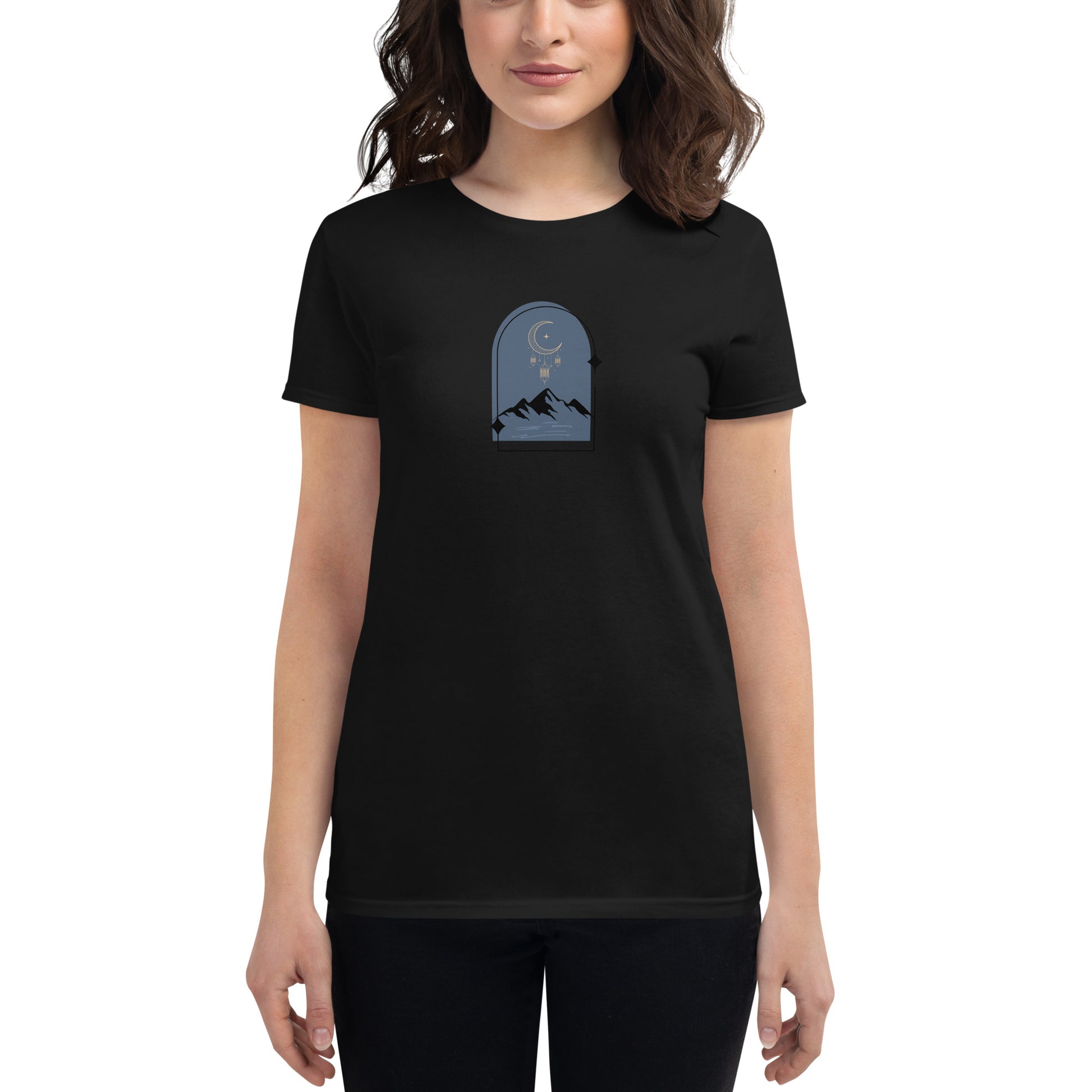 Woman wearing a black fitted tee with a moonlit mountain design, showcasing serene and comfortable fashion by BYOL.