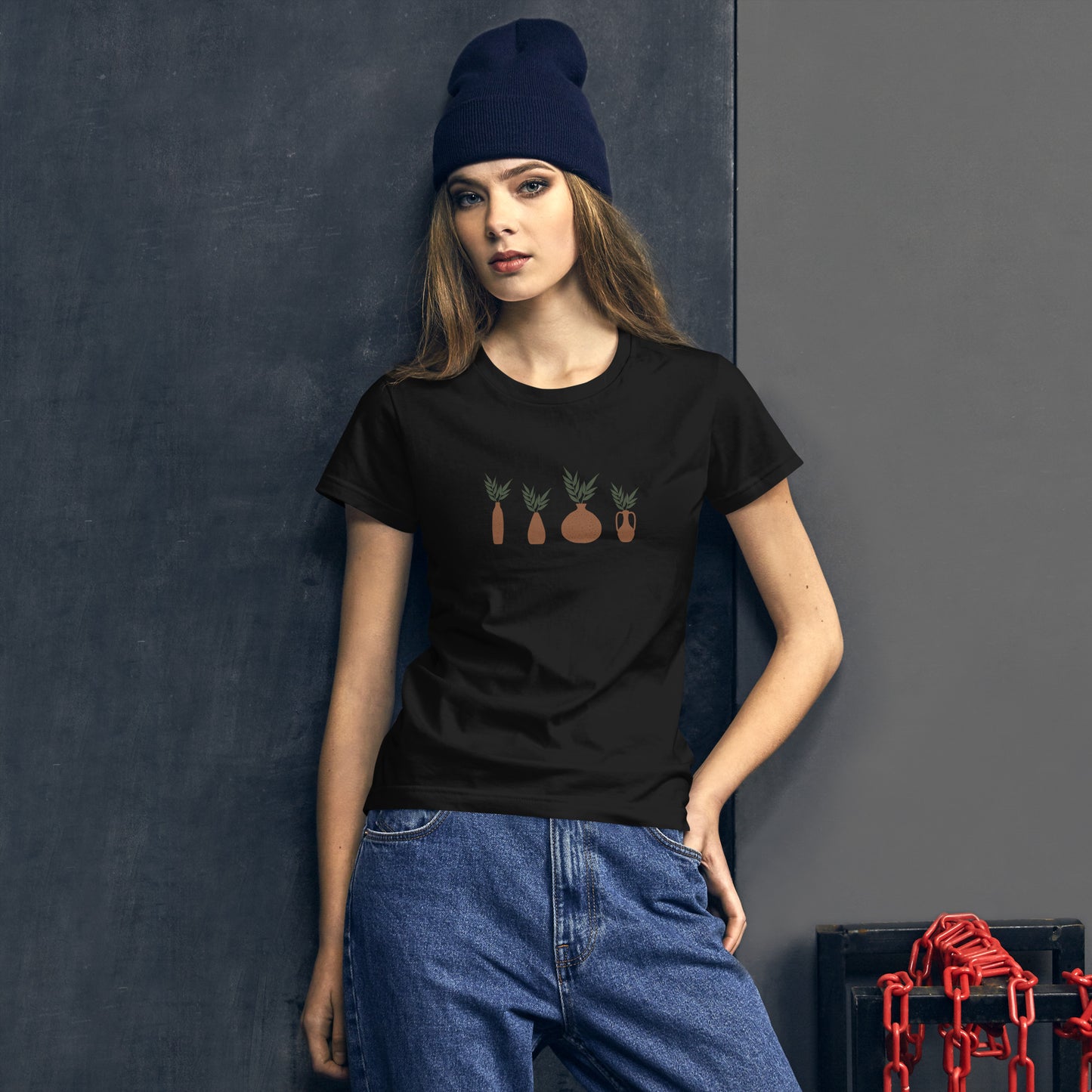 Women's Fitted Tee with Vases and Plants Design