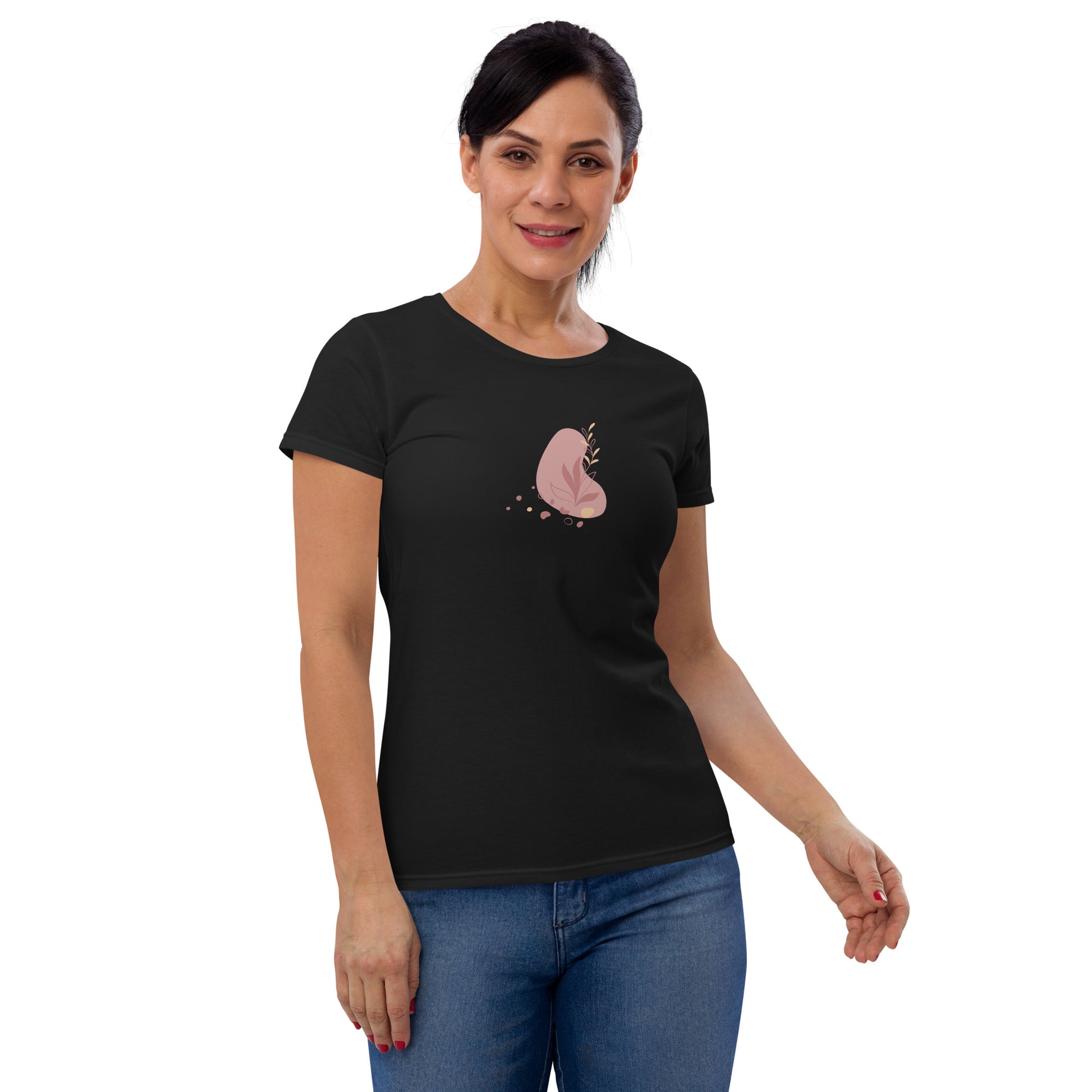 Woman wearing a black fitted tee with a soft bloom design, reflecting a blend of comfort and subtle elegance by BYOL.