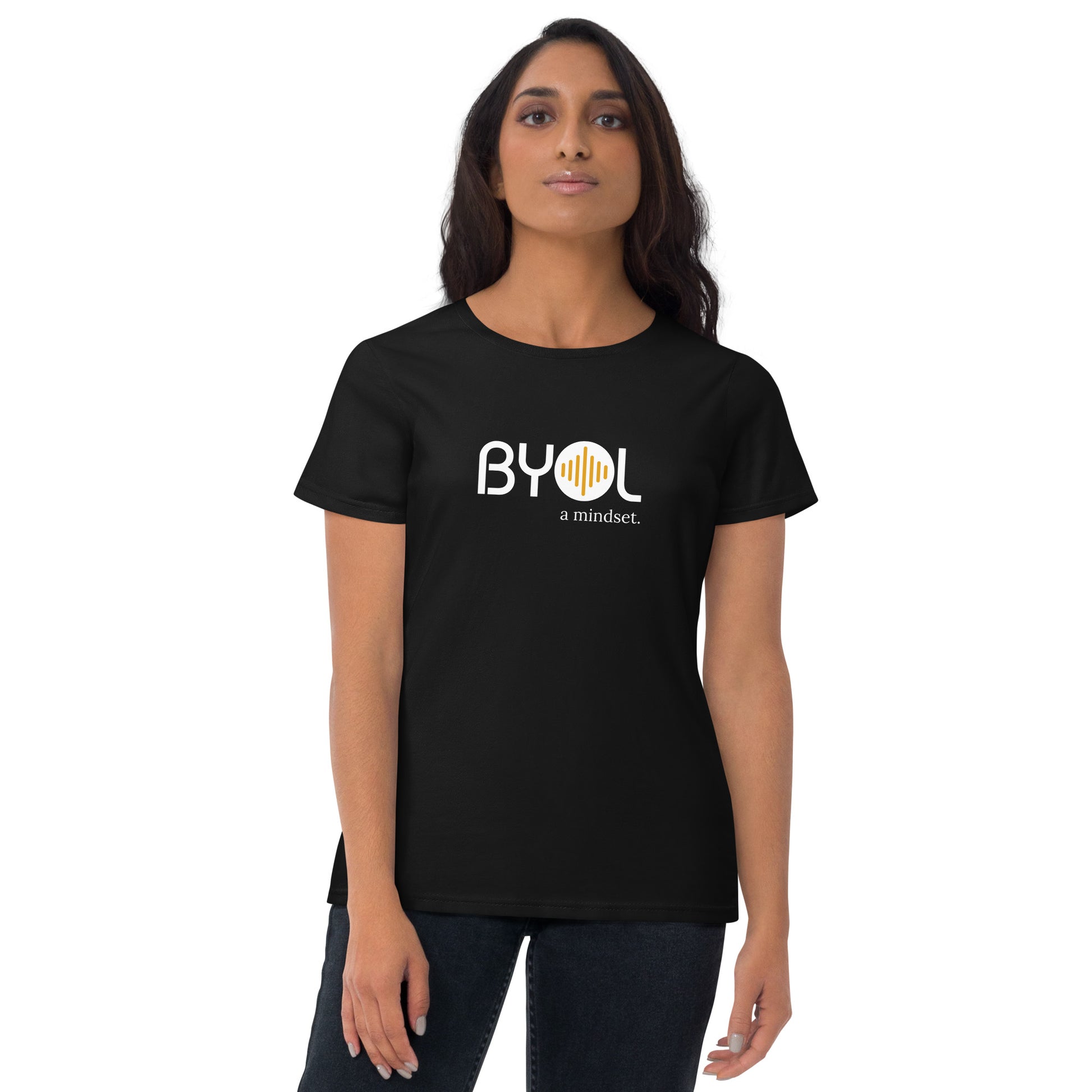 Woman wearing a black BYOL mindset t-shirt with color options in black, red, blue, gray, and white, available in sizes S to 3XL.