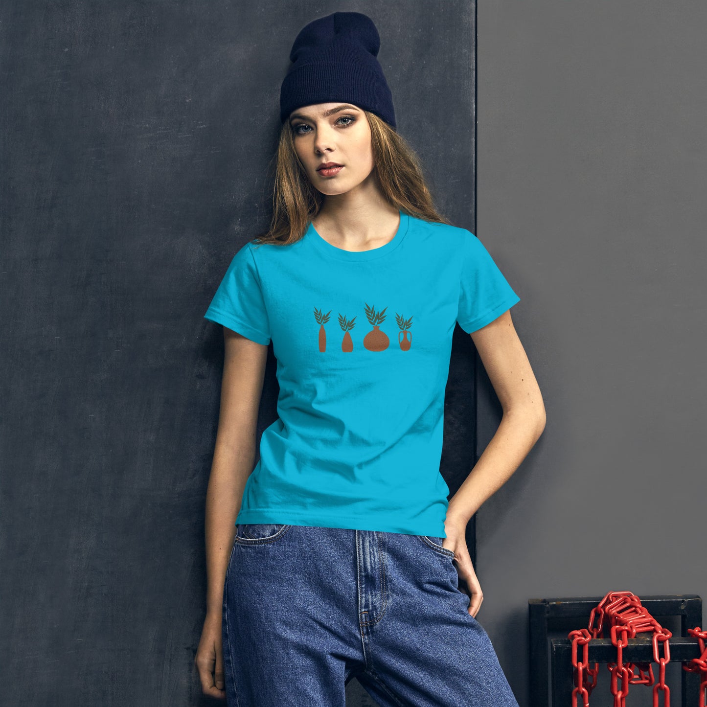 Women's Fitted Tee with Vases and Plants Design