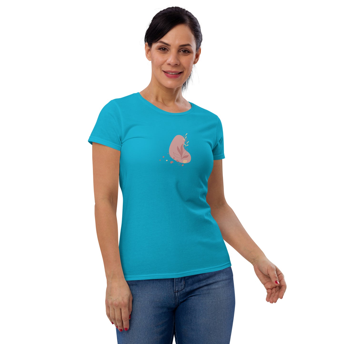 Woman wearing a caribbean blue fitted tee with a soft bloom design, reflecting a blend of comfort and subtle elegance by BYOL.