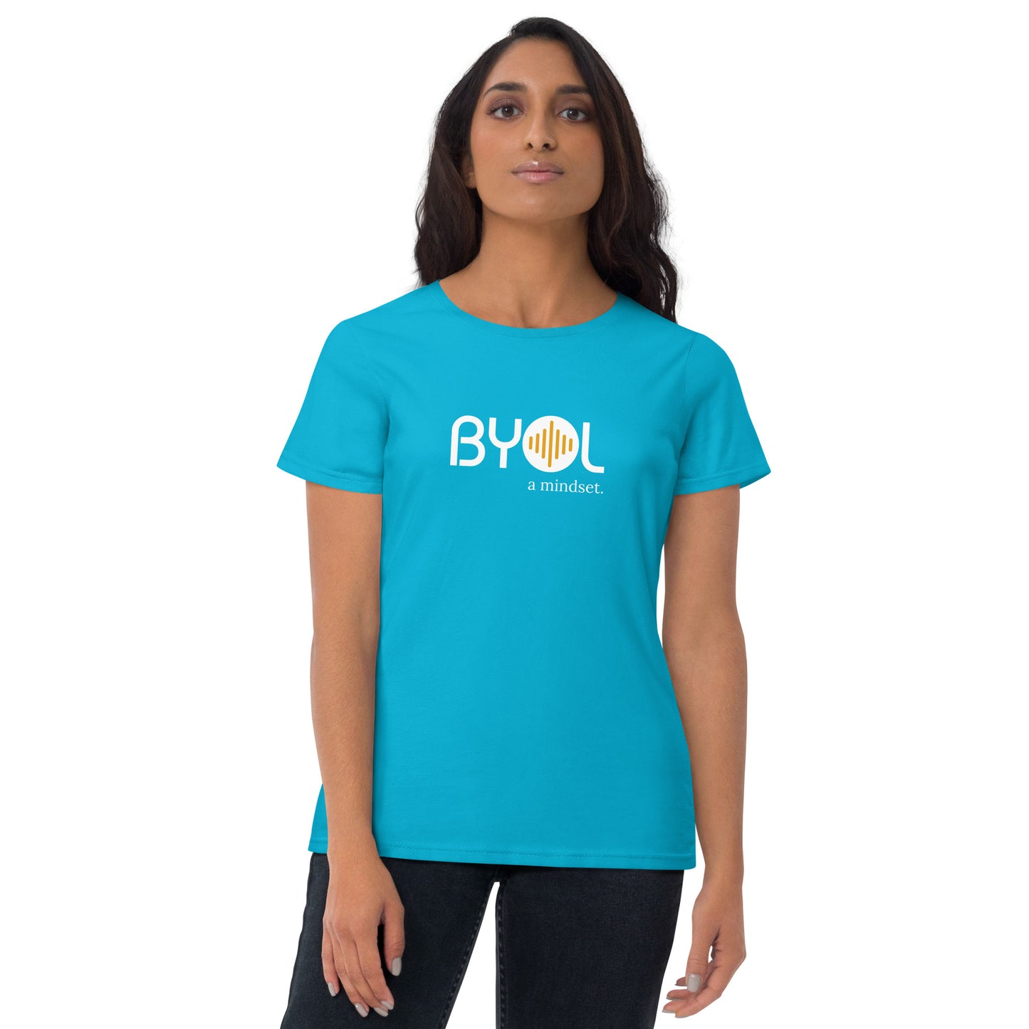 Woman wearing a caribbean blue BYOL mindset t-shirt with color options in black, red, blue, gray, and white, available in sizes S to 3XL.