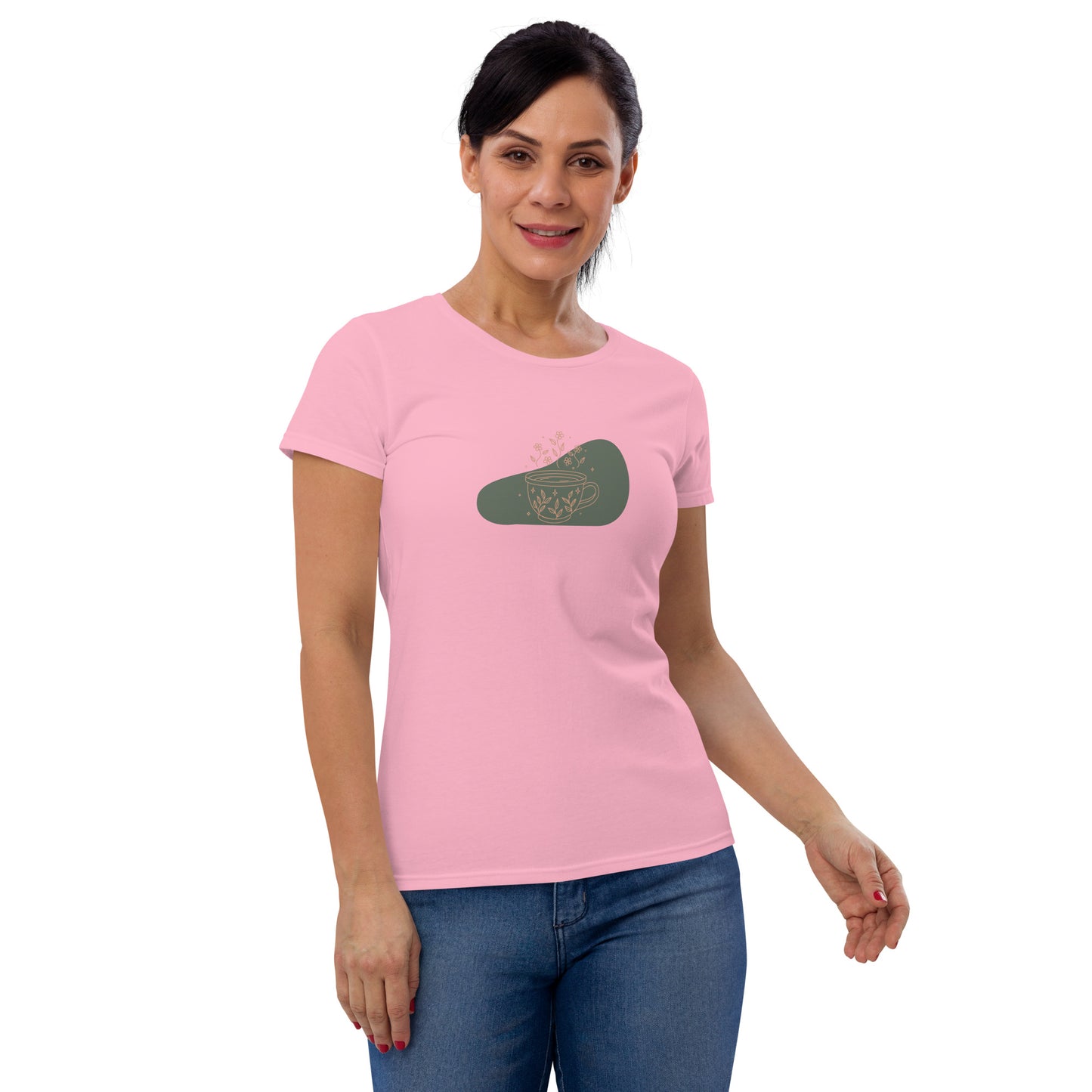 Woman wearing a charity pink fitted tee with a floral mug design, highlighting a blend of comfort and subtle elegance by BYOL.