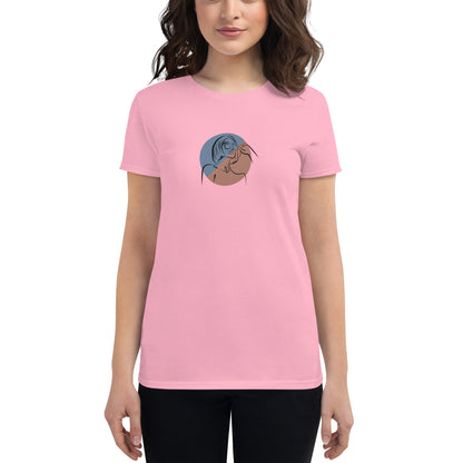 Woman wearing a charity pink fitted tee with an abstract face design, showcasing artistic and comfortable fashion by BYOL.