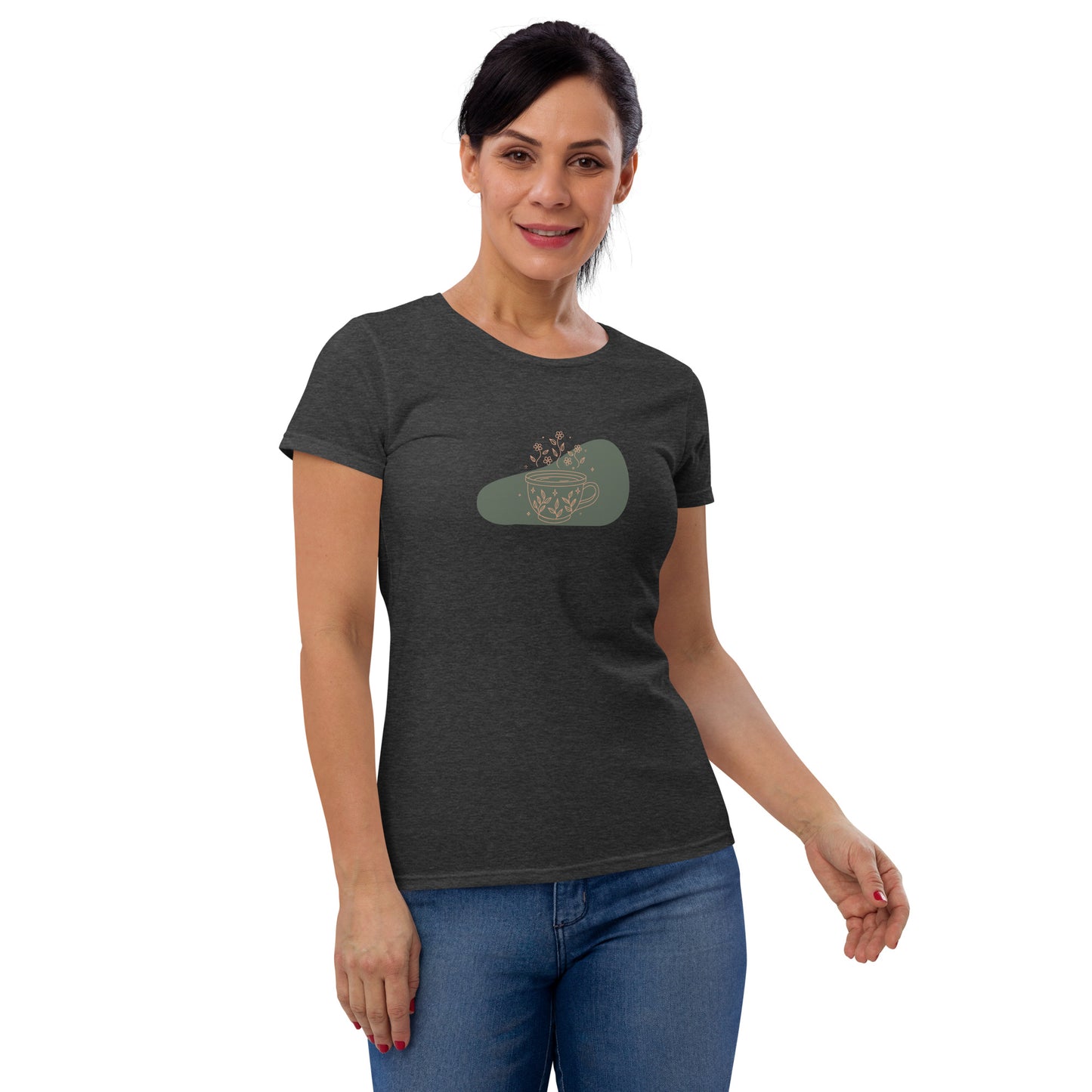 Woman wearing a dark heather grey fitted tee with a floral mug design, highlighting a blend of comfort and subtle elegance by BYOL.