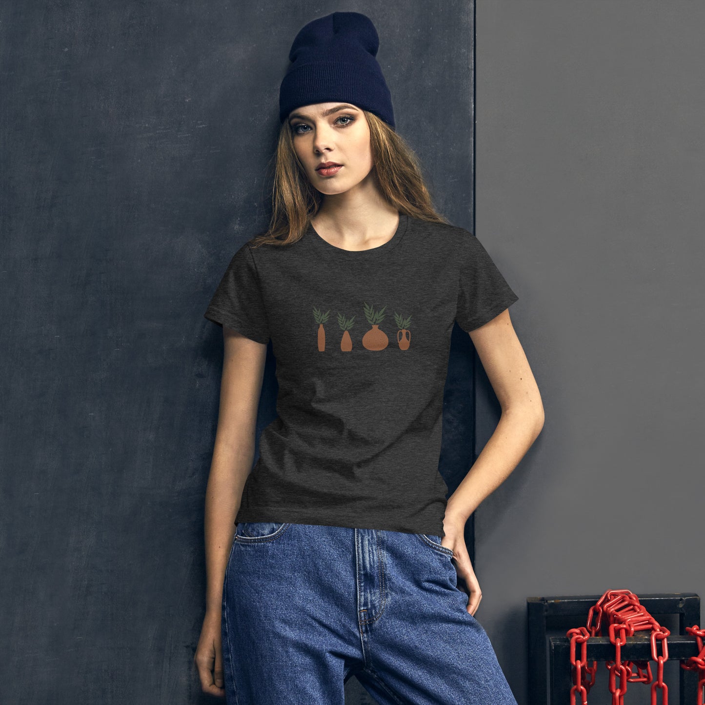 Women's Fitted Tee with Vases and Plants Design