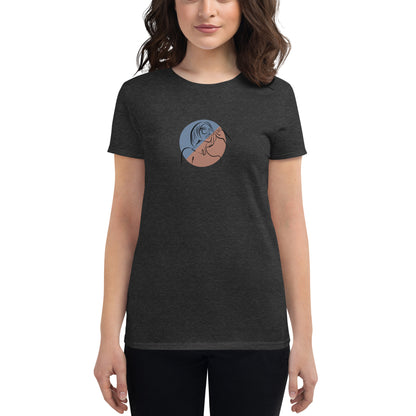 Woman wearing a dark heather grey fitted tee with an abstract face design, showcasing artistic and comfortable fashion by BYOL.